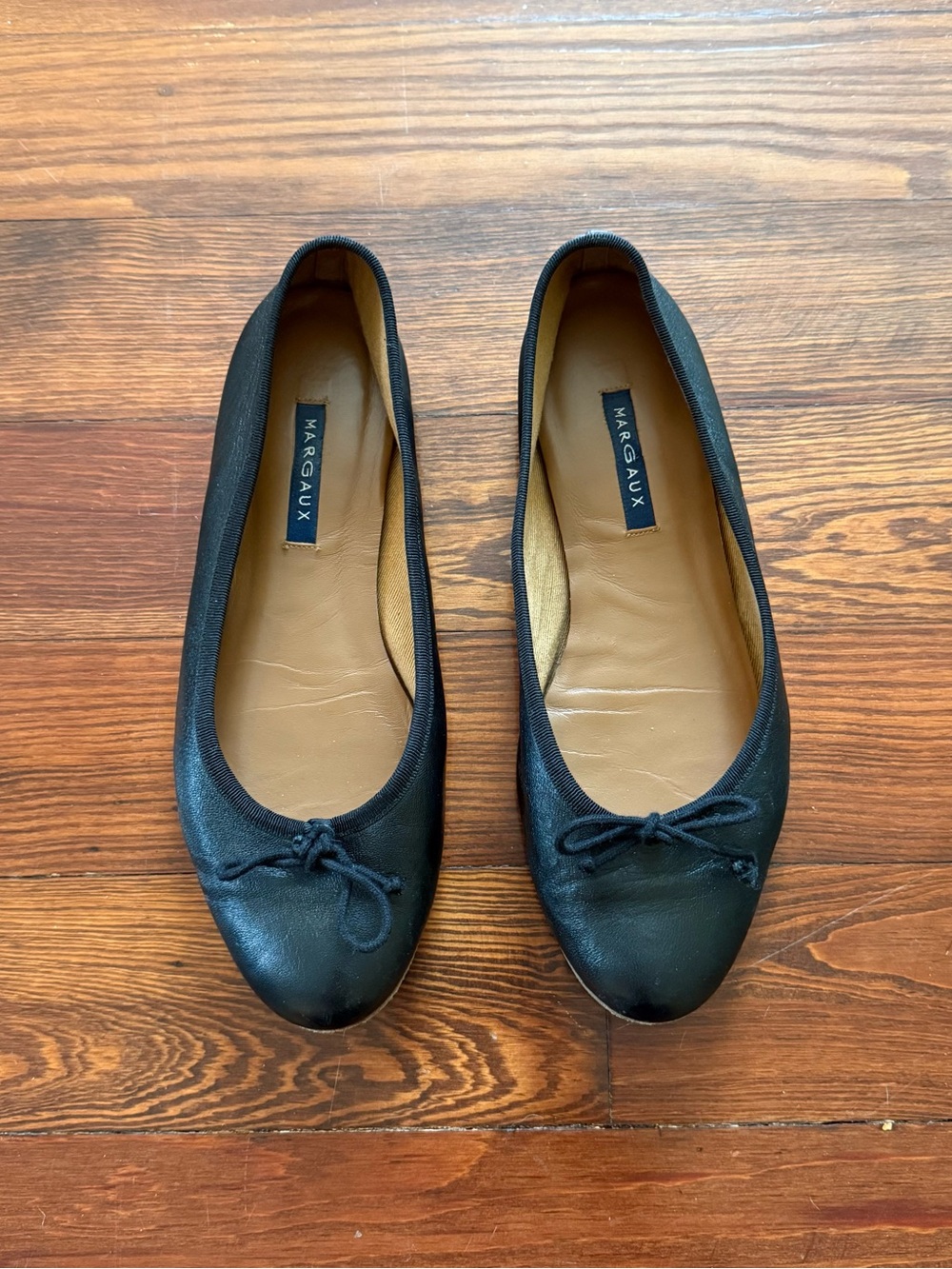 Margaux Black Leather Ballet Flats with Bow Trim